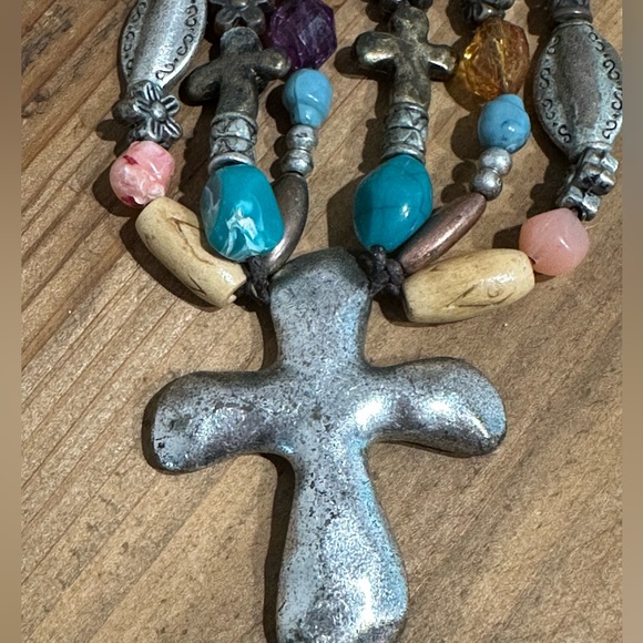 Bohemian Multi-Color Beaded Cross Necklace - Picture 5 of 13